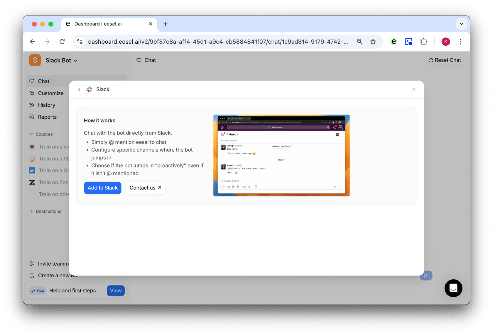 screenshot of eesel ai destination window for adding confluence to slack