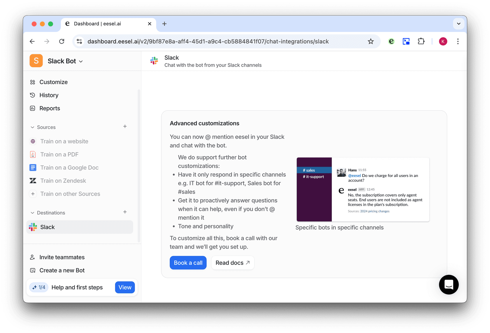 Screenshot of the dashboard showing how to call and what options for slack and google docs