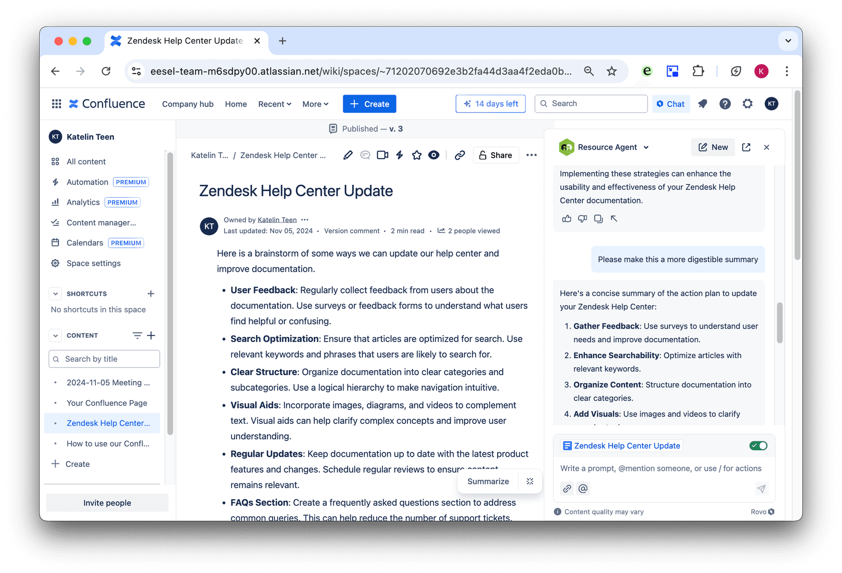 screenshot of rovo agent being tested inside confluence