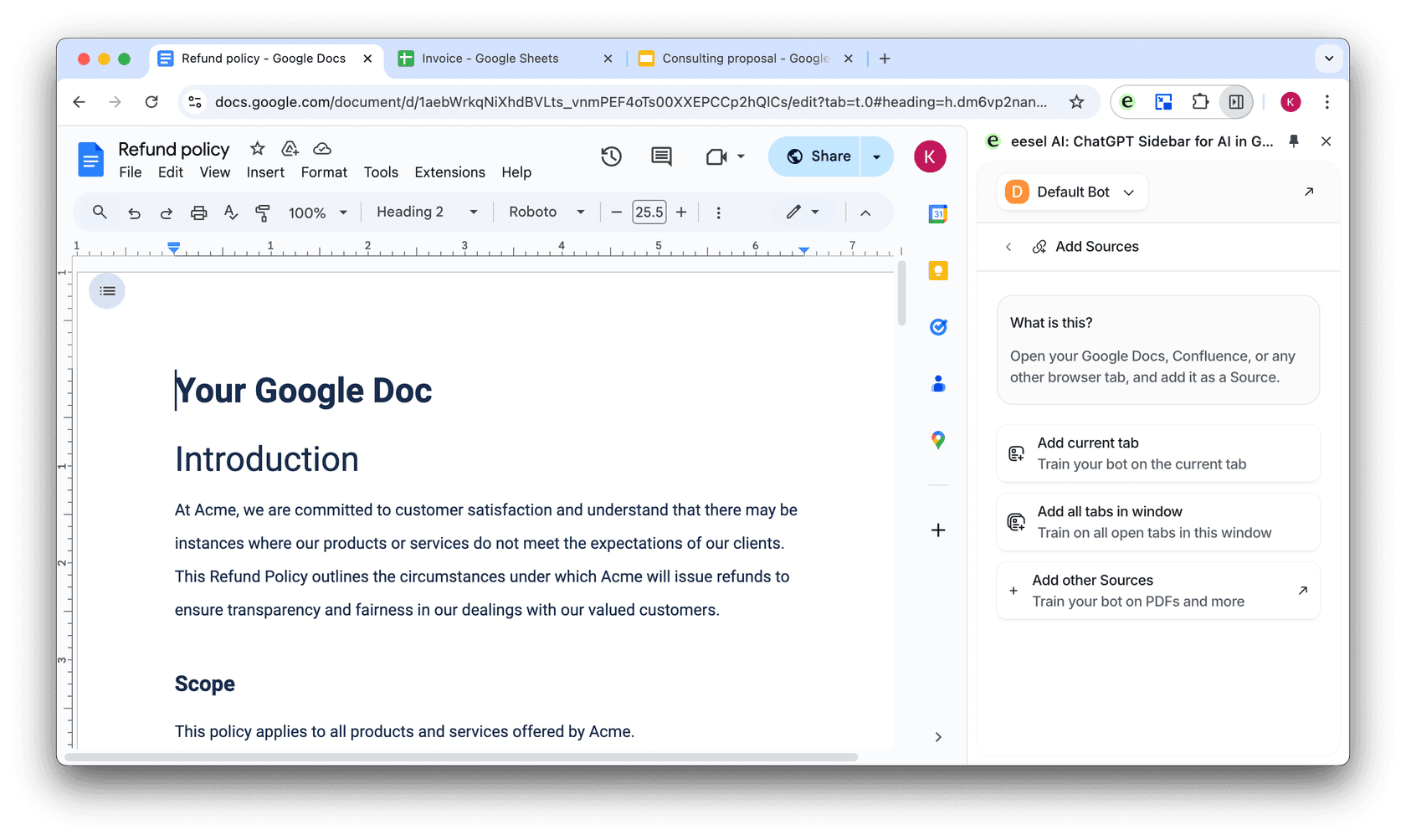 screenshot of the eesel AI extension open to add docs, sheets, slides from google drive as sources for the assistant