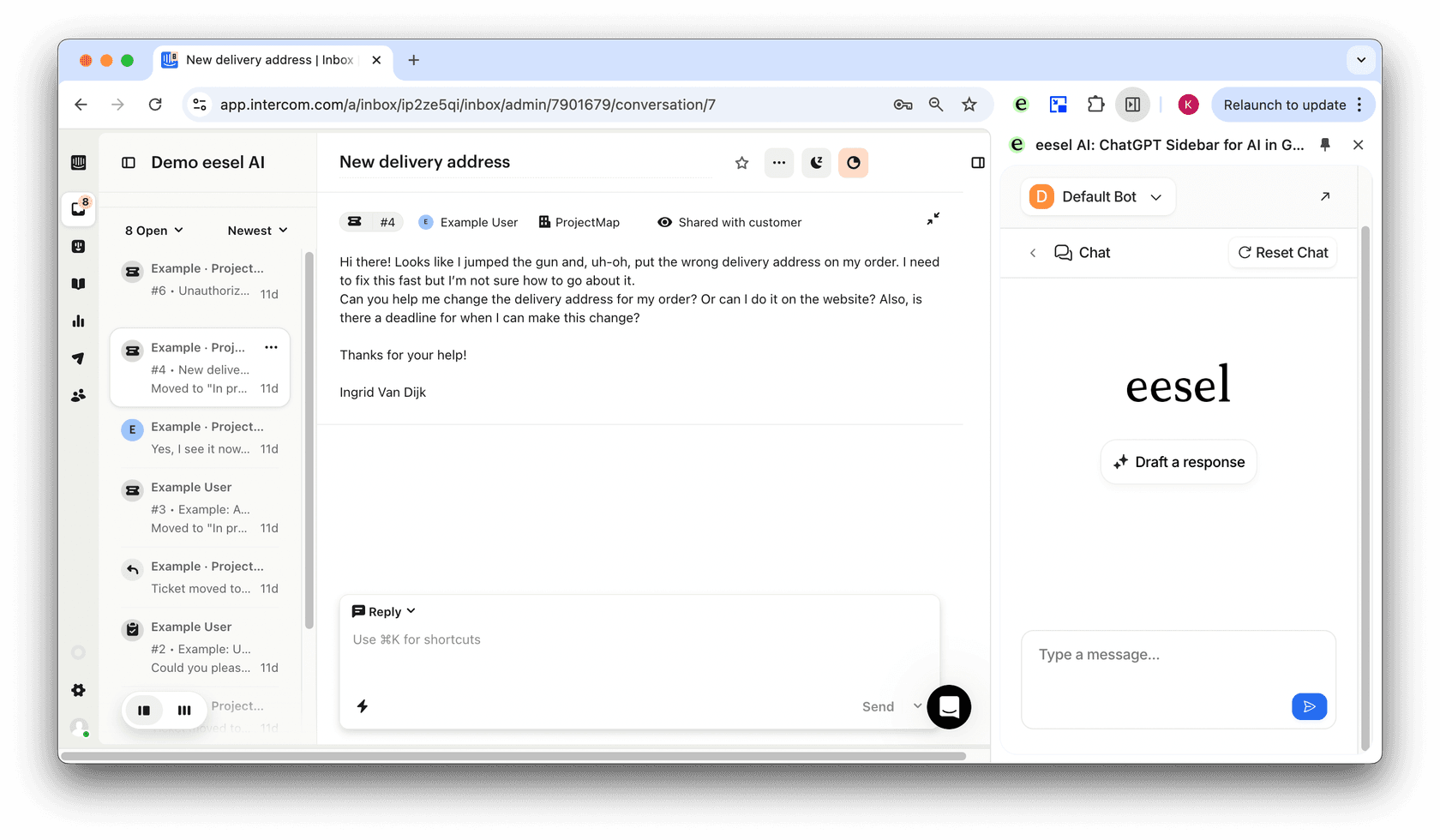 A screenshot of the Intercom inbox with eesel AI as an AI assistant helping to draft replies