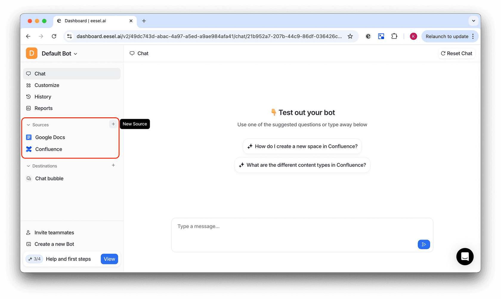 Screenshot of adding a source to the AI assistant