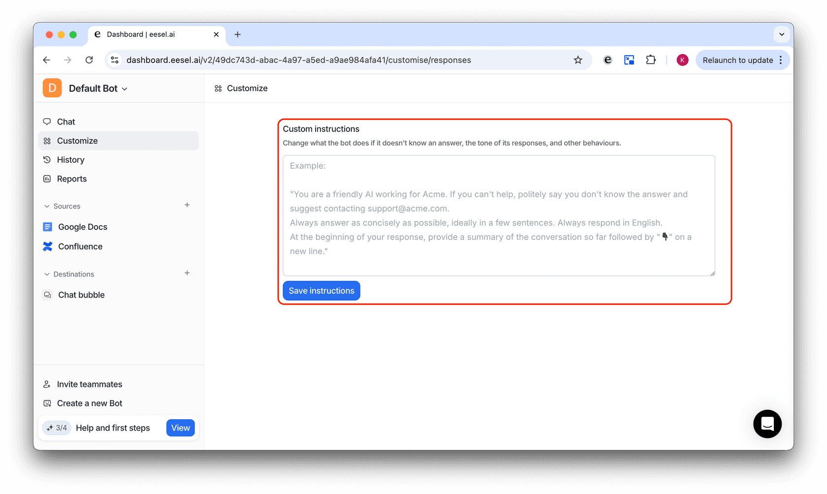 Screenshot of the customize tab of the eesel dashboard to customize intercom ai assistant