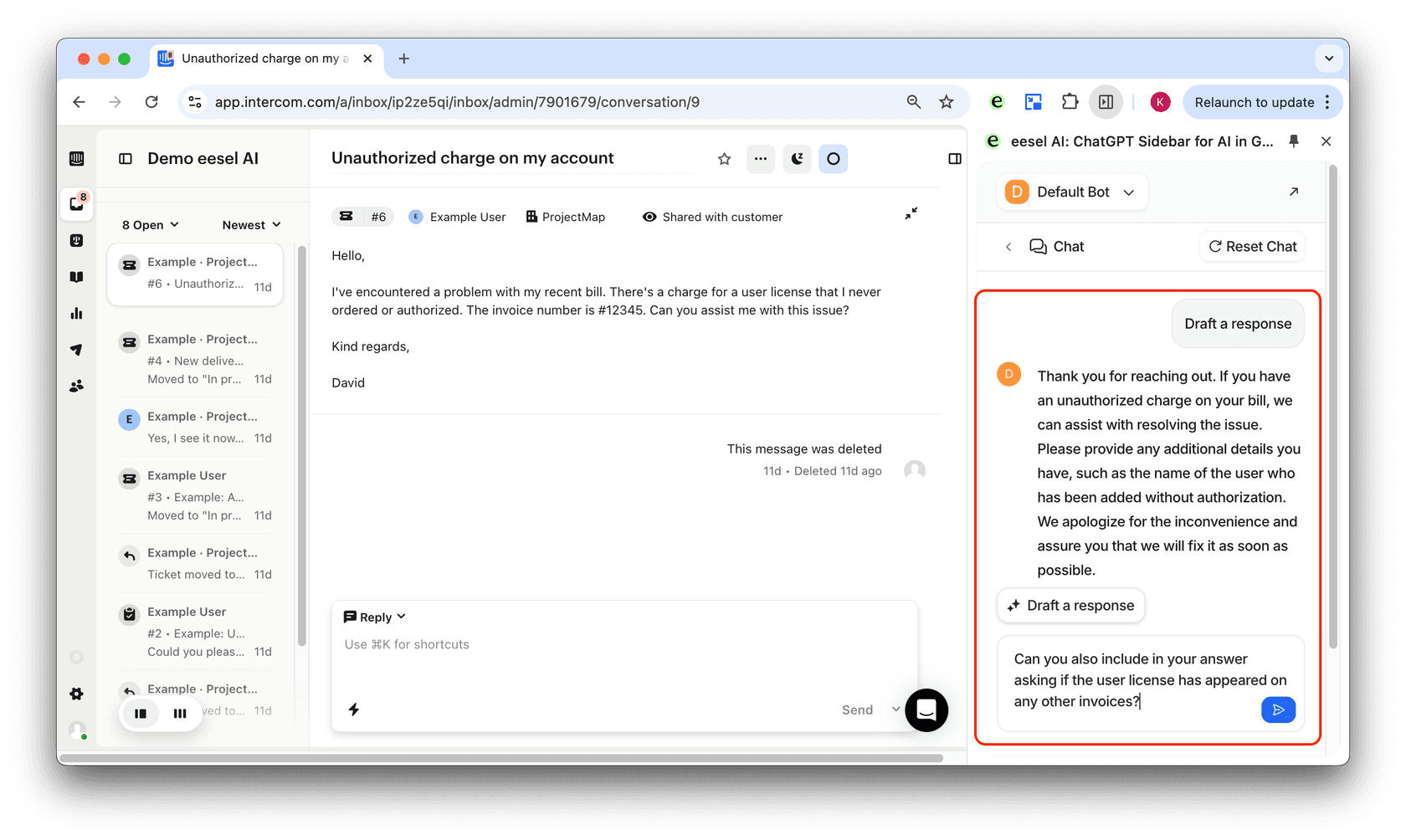 a screenshot of the eesel AI intercom assistant drafting a response to edit with the agent