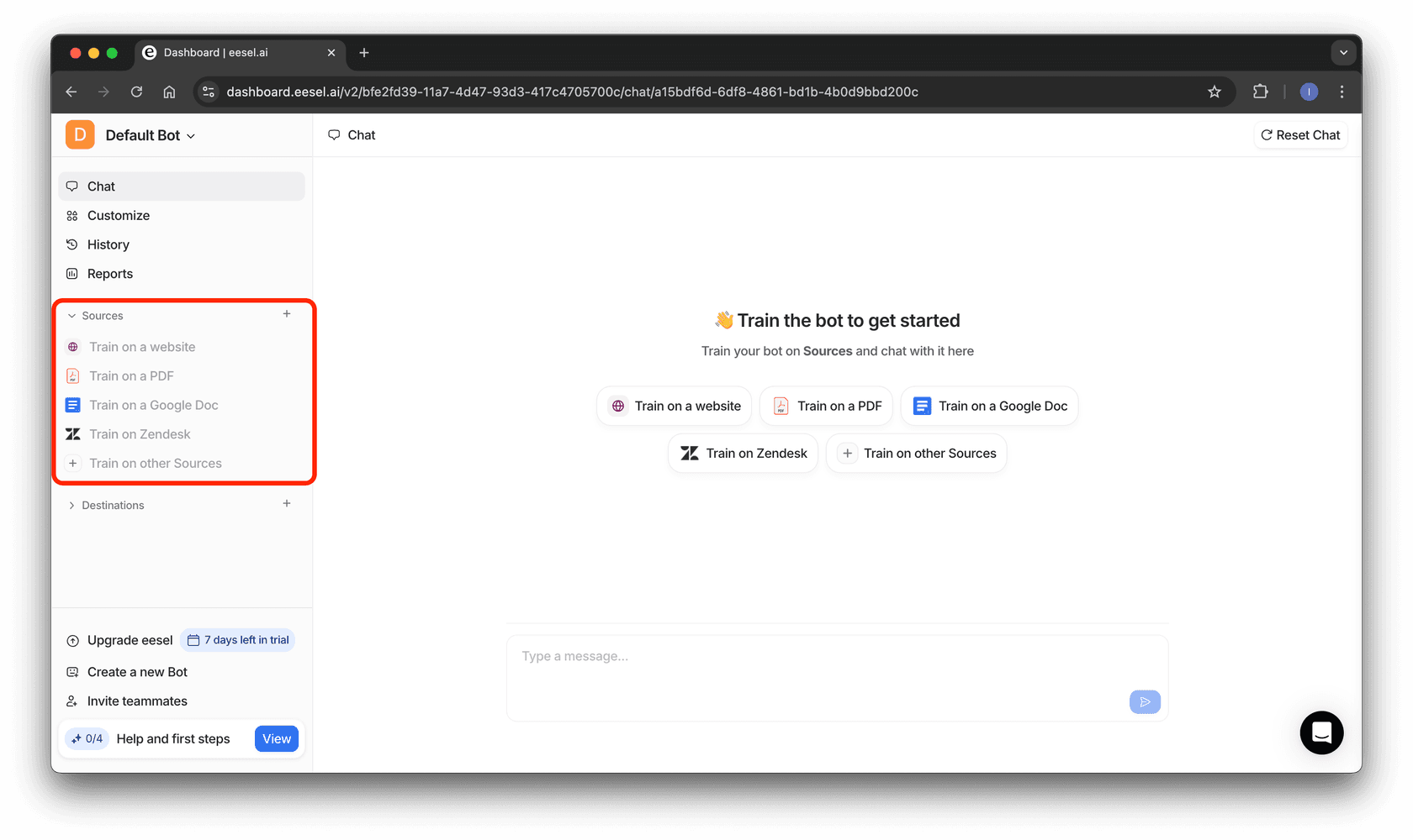 screenshot indicating where to add sources for your intercom chatbot