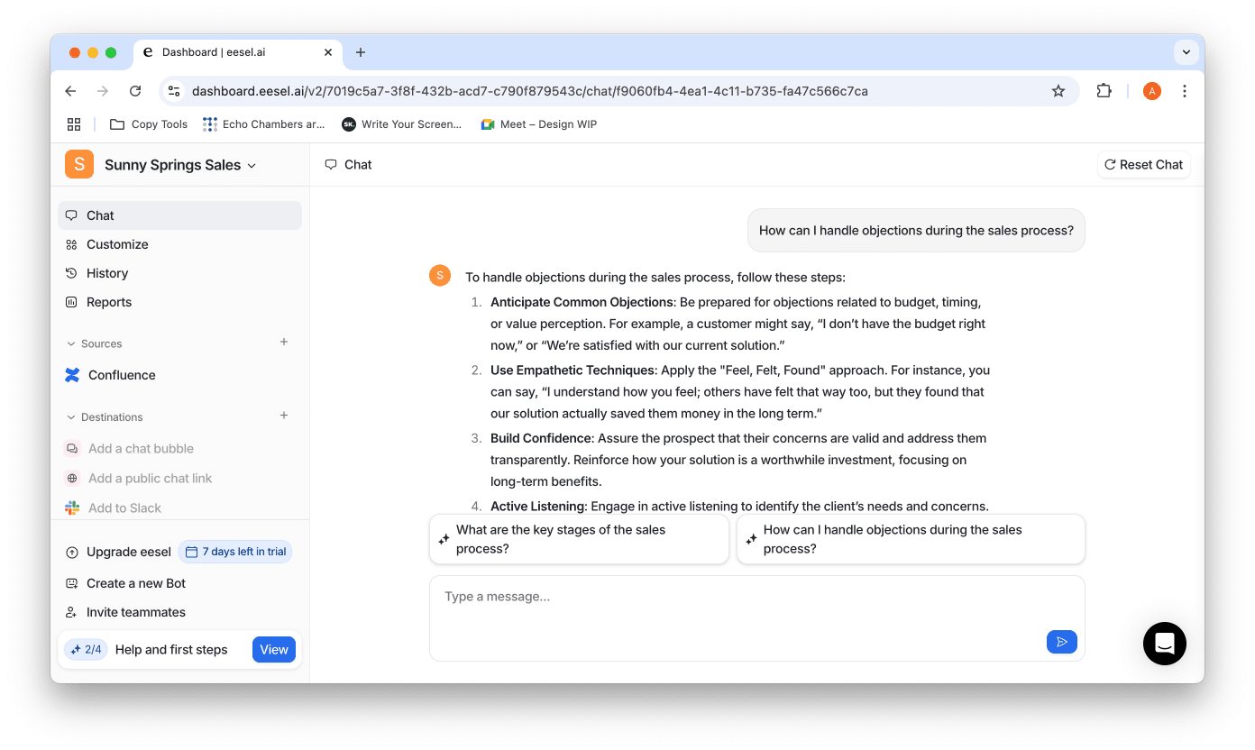 screenshot of the confluence ai bot chat