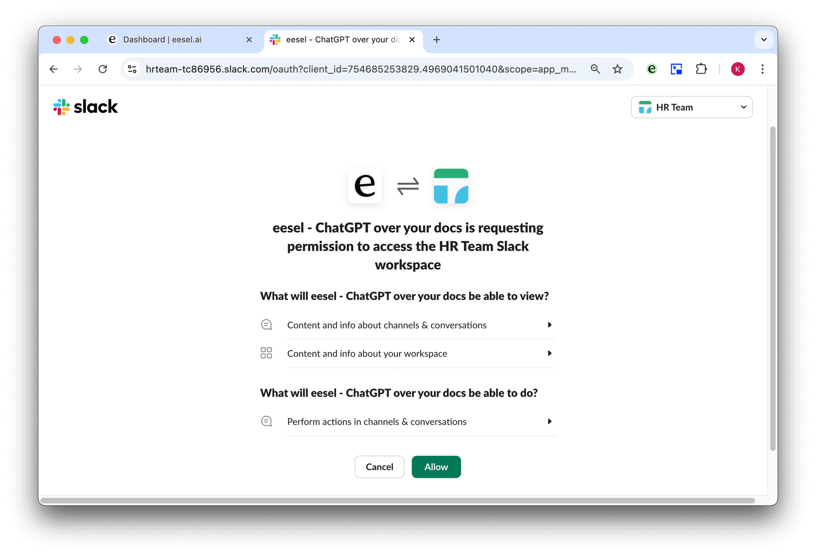 screenshot of the prompt to allow slack to use your google docs bot