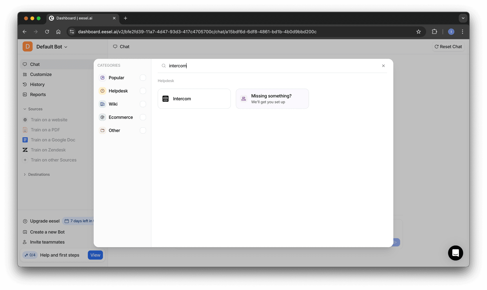 screenshot of intercom as a destination for integrations