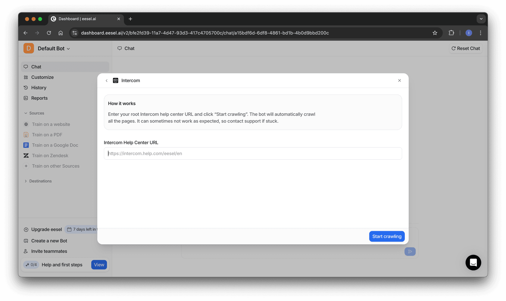 image showing intercom url being entered to begin integration