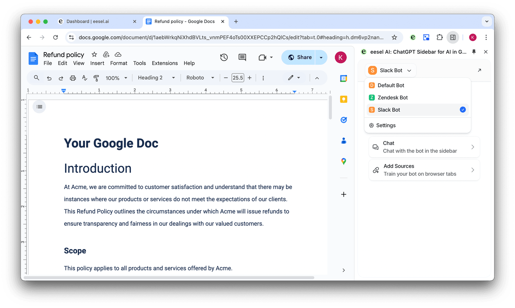 Dropdown menu to select an AI bot for google docs