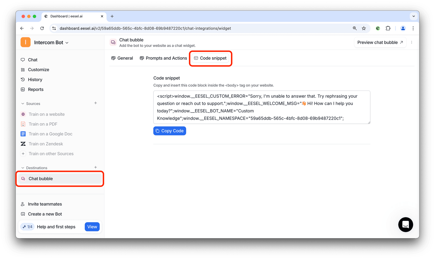 screenshot of the code for adding in a chatbot