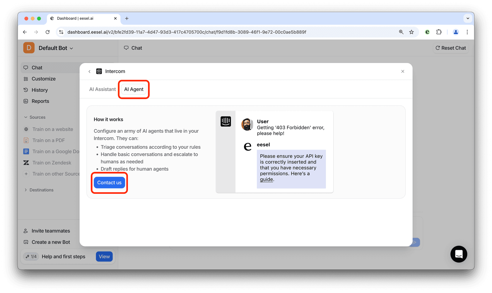 screenshot of the dash screen for the intercom ai agent
