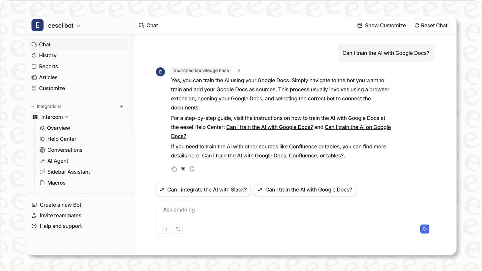 Image of testing a bot in eesel AI with Intercom integration interface.