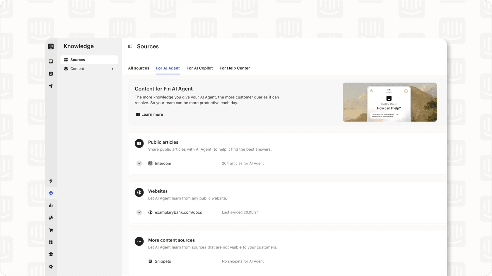 Screenshot of Intercom Fin 2 Knowledge Hub showing connected data sources