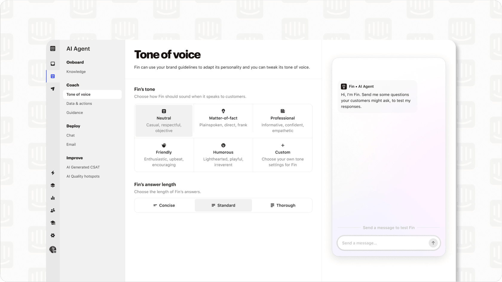 Screenshot of Intercom Fin 2 behavior customization settings