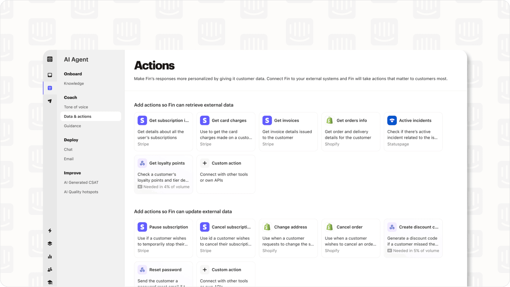Screenshot of Intercom Fin 2 Actionable AI setup interface