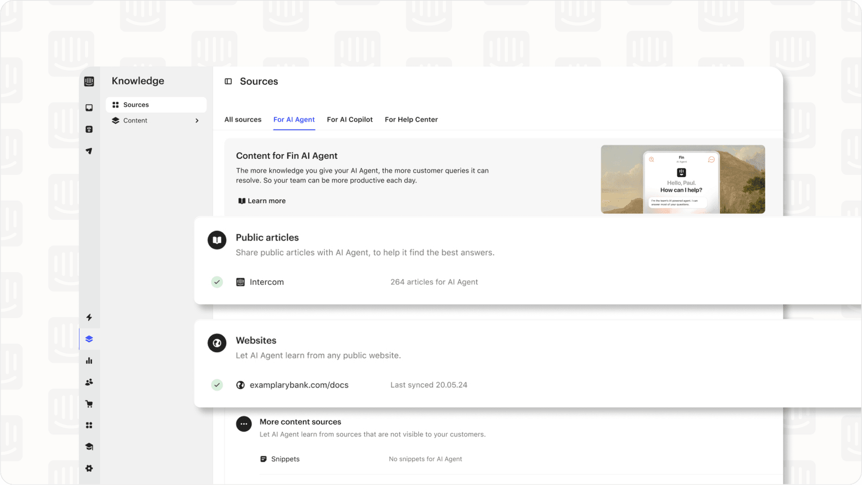 Screenshot of Intercom Fin 2 Knowledge Hub source connection options