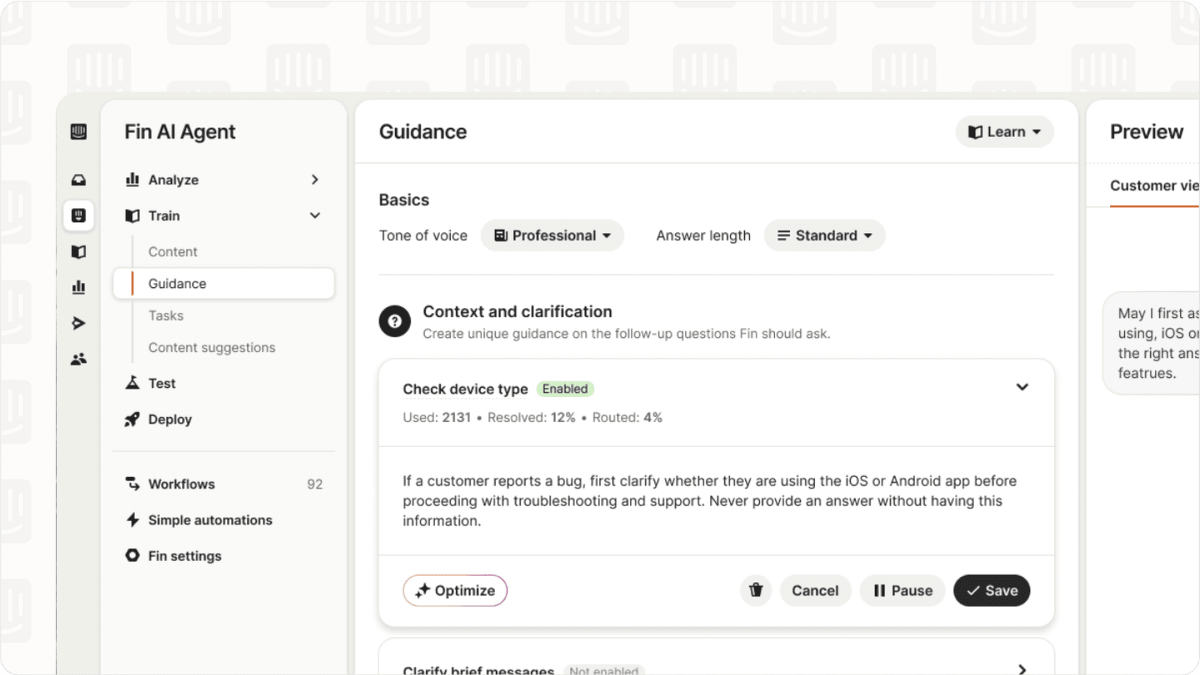 Screenshot of Intercom Fin 2 training settings or sources