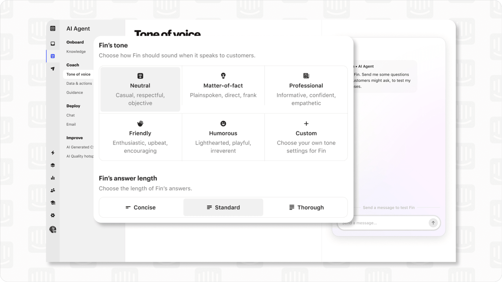 Screenshot of Intercom Fin 2 tone and response style customization settings