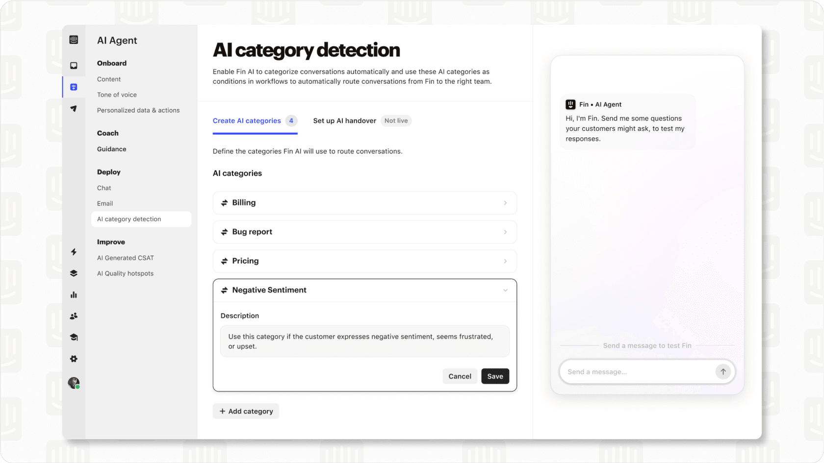 Screenshot of Intercom Fin 2 testing or simulation tool