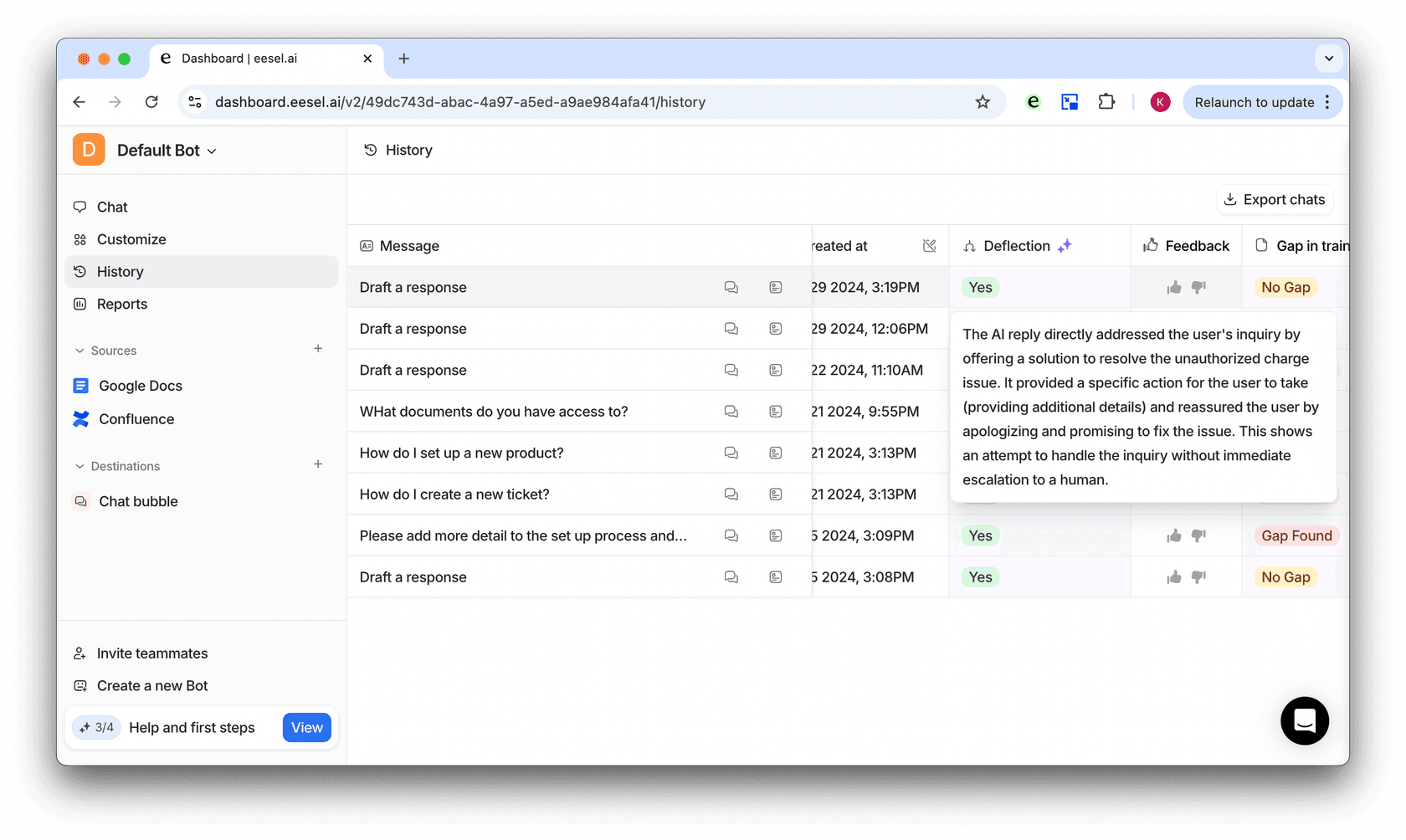 screenshot of dashboard showing deflection rate of intercom ai