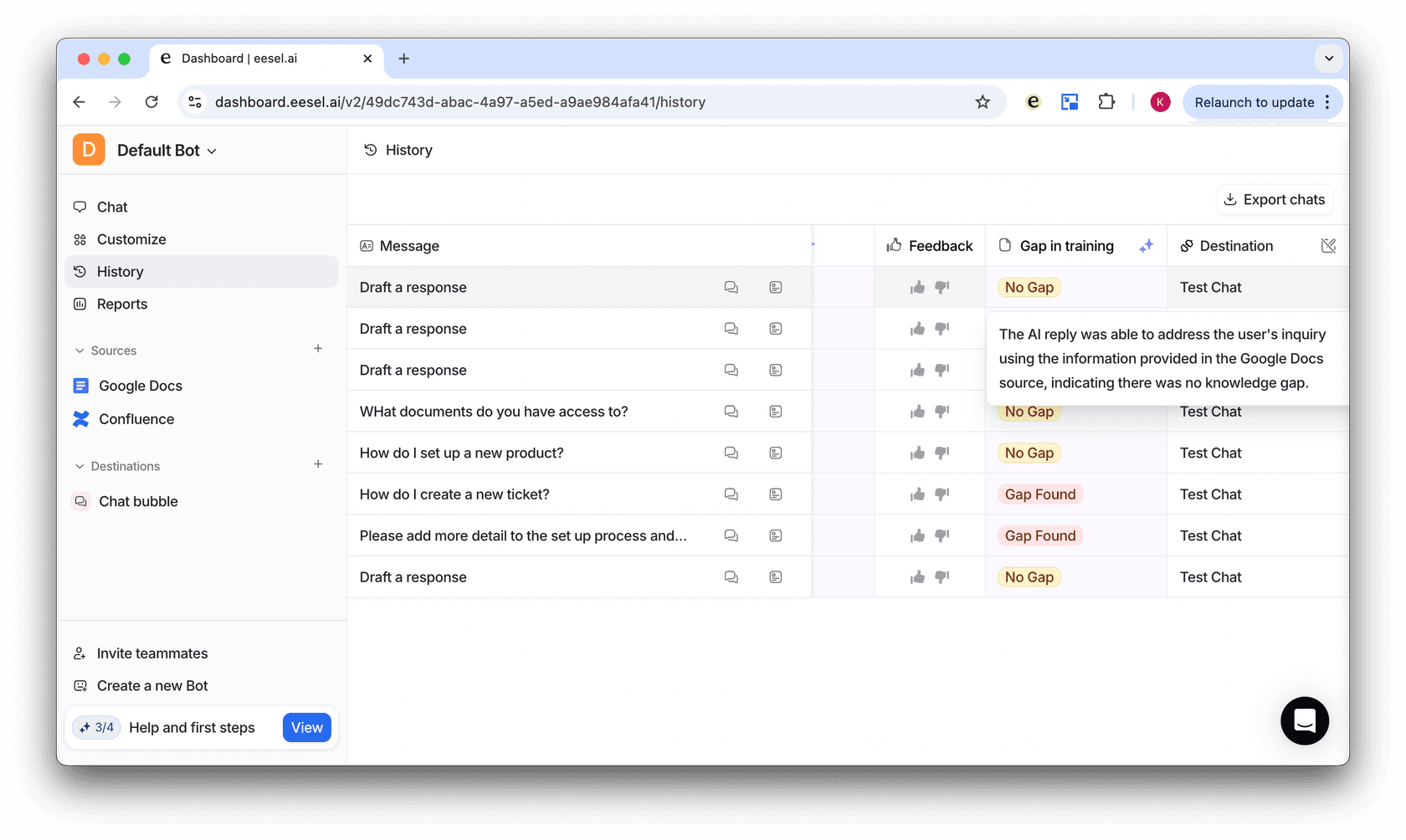 intercom ai gaps in training screenshot from dash