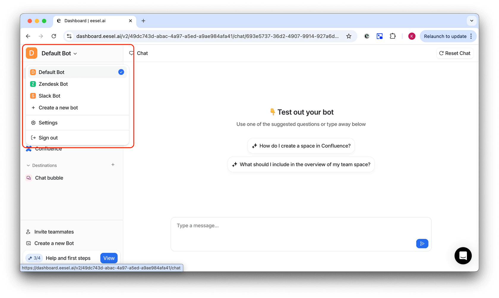 screenshot of eesel dash to select bot for the intercom agent ai