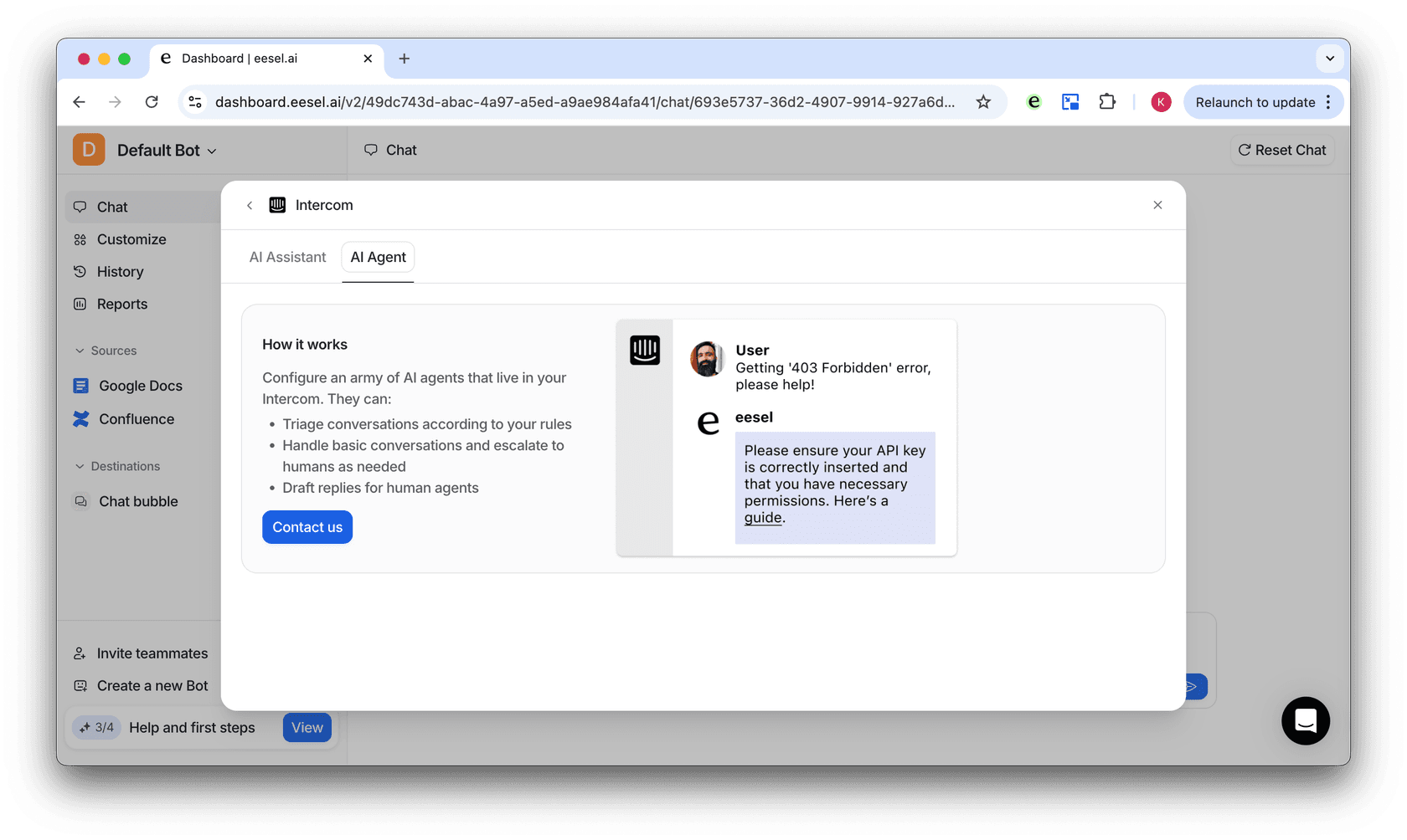 screenshot showing the intercom tab for the ai agent and contact us button