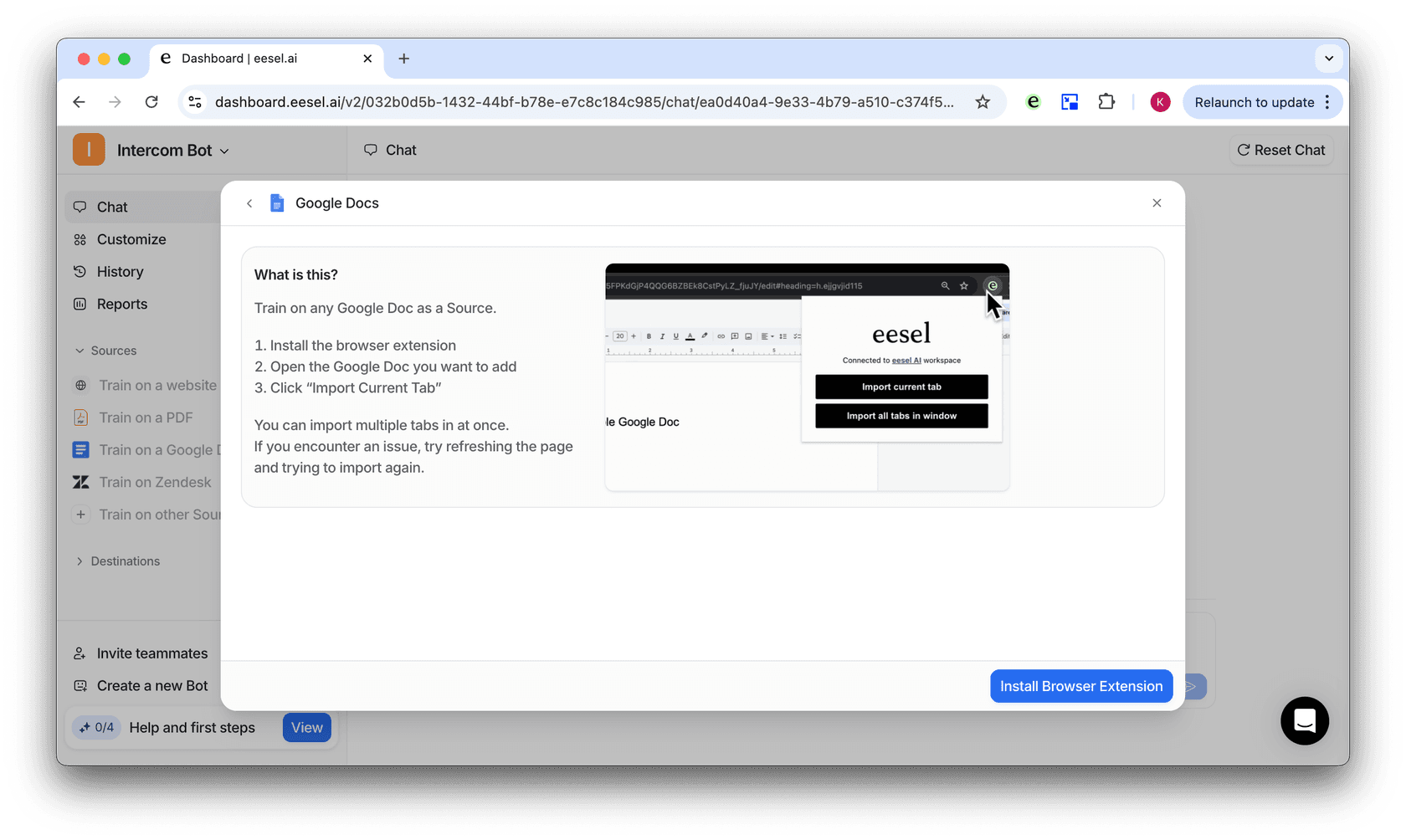 screenshot of the pop up for the google docs source connection screen to integrate with intercom