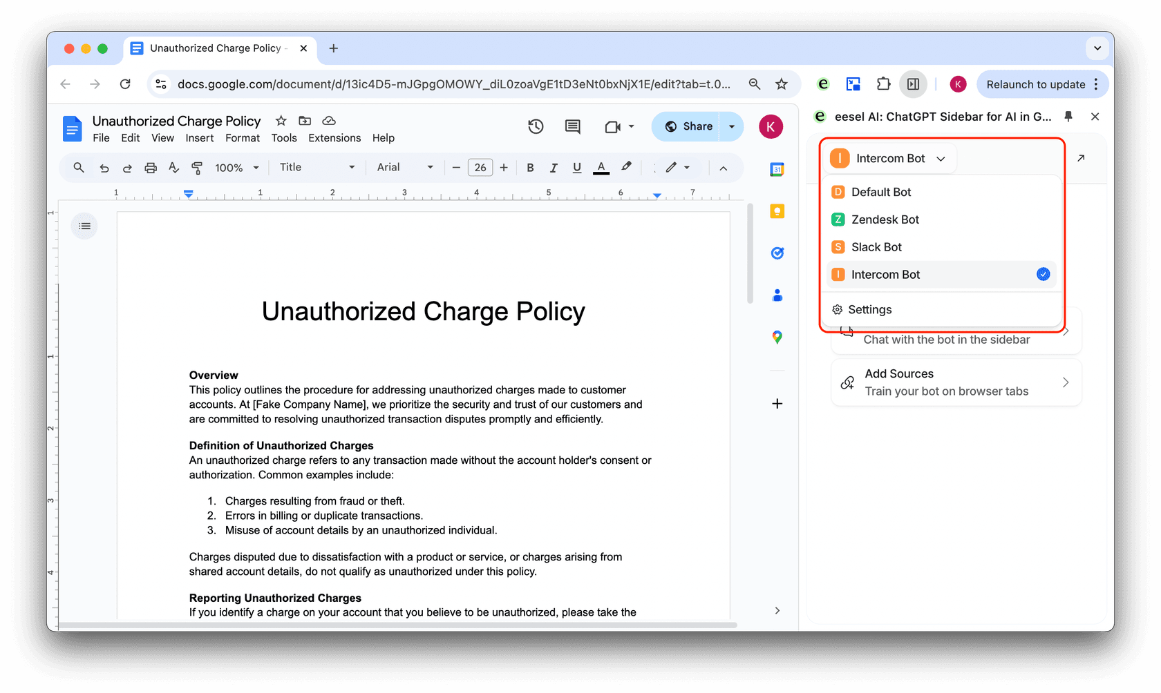screenshto of the extension to add google docs as a source to train the intercom bot