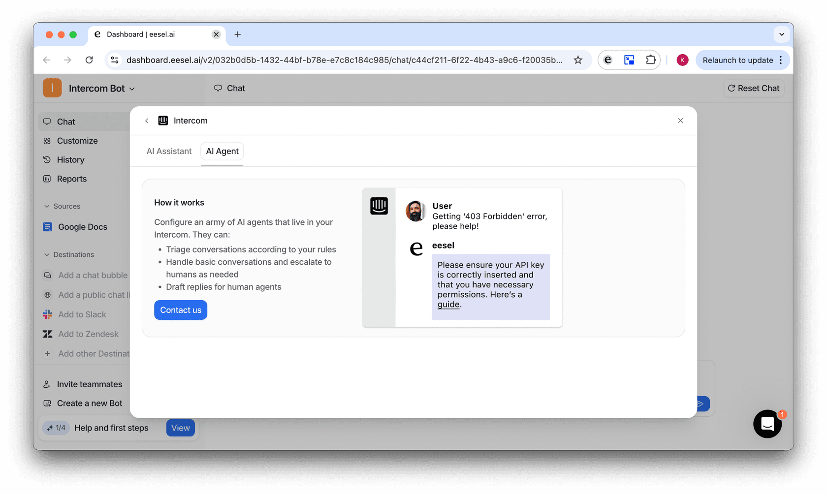 screenshot of the popup for AI agent for intercom