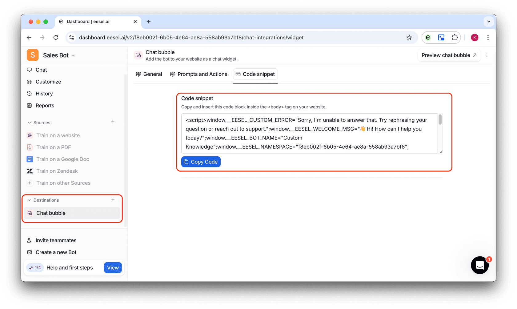 screenshot of the livechat feature for eesel AI and confluence