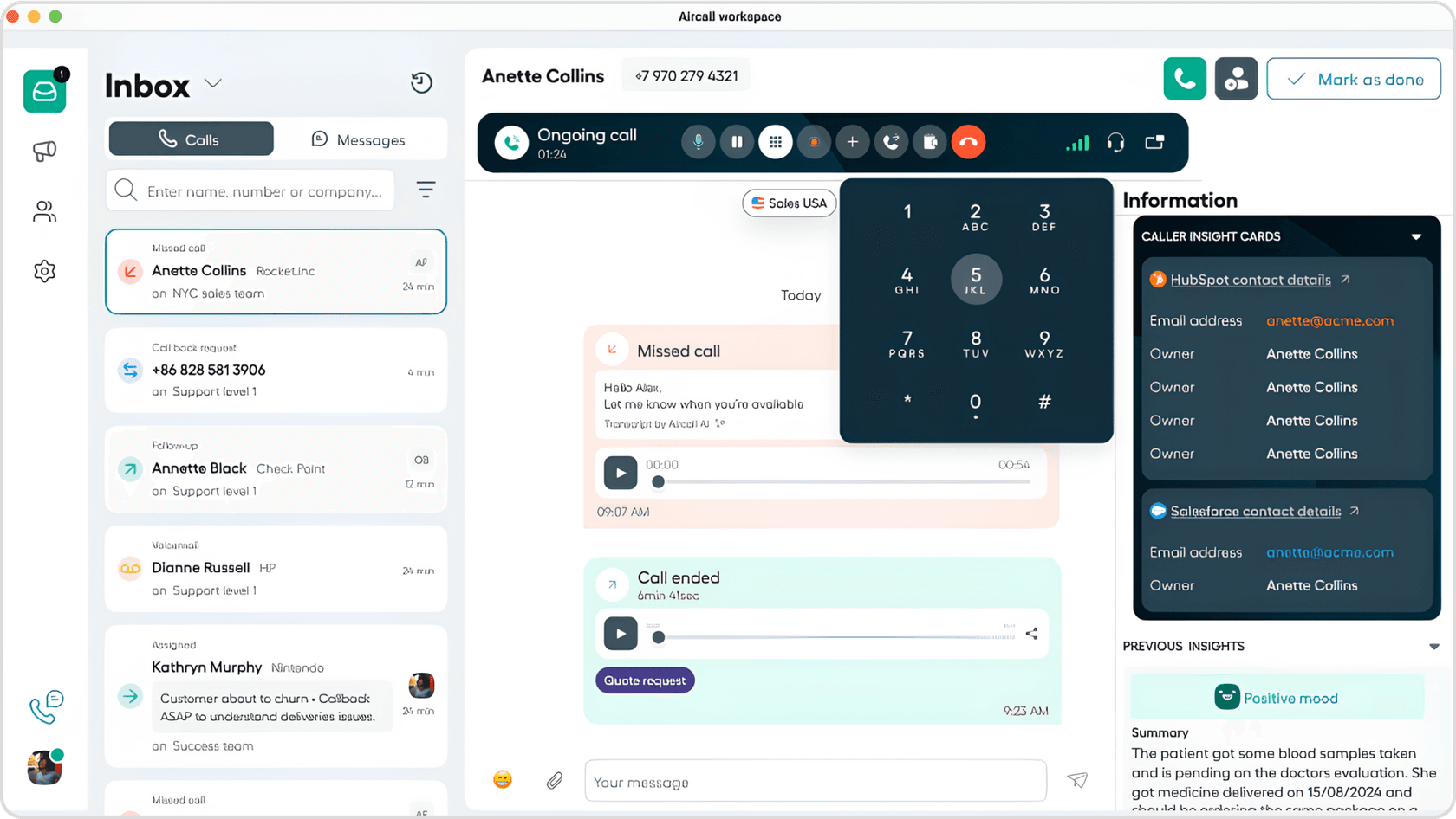 screenshot of the Aircall app for Zendesk