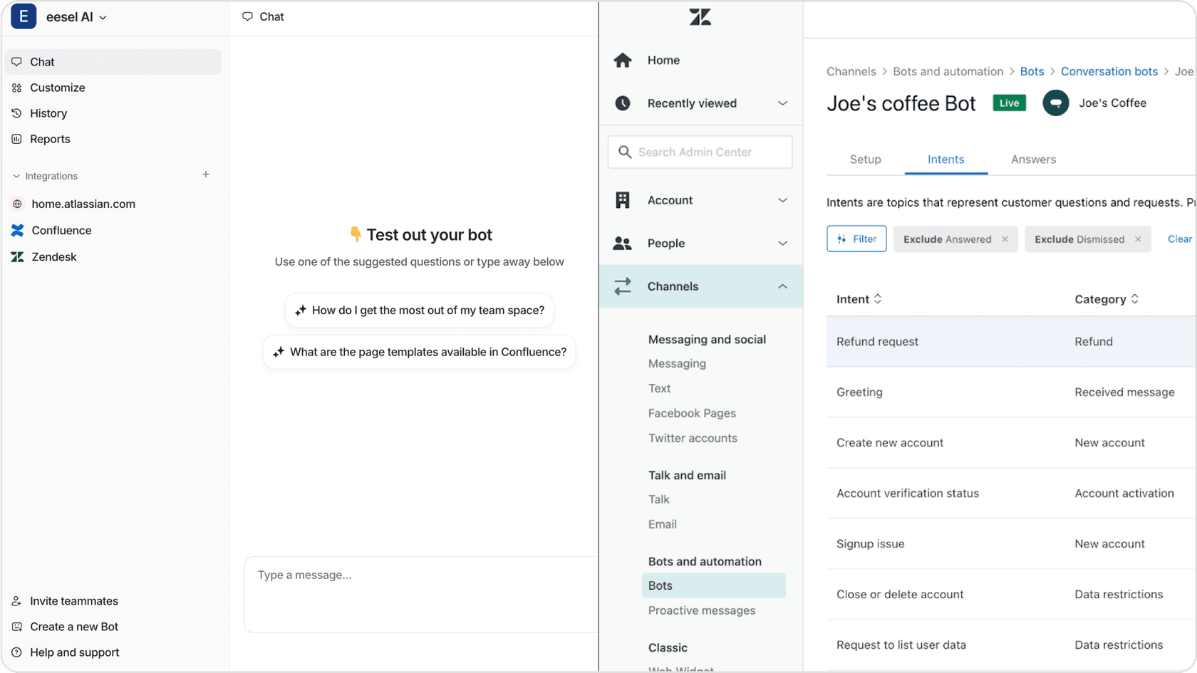 screenshot side by side of the zendesk and eesel AI dashboards