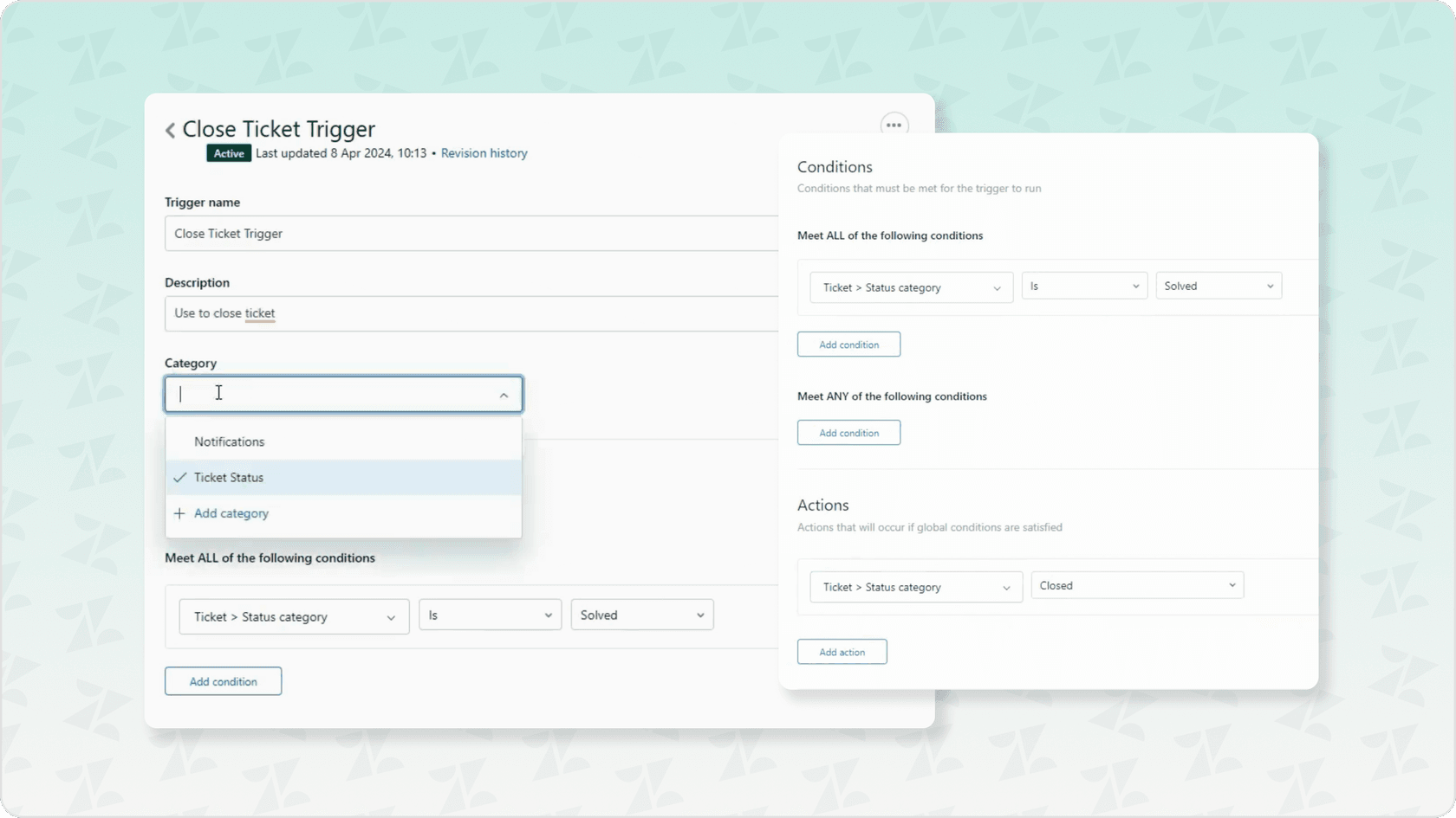Zendesk settings to configure triggers for AI