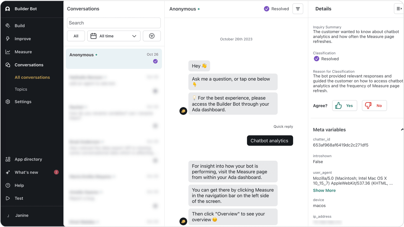 screenshot of the dashboard of Ada CX