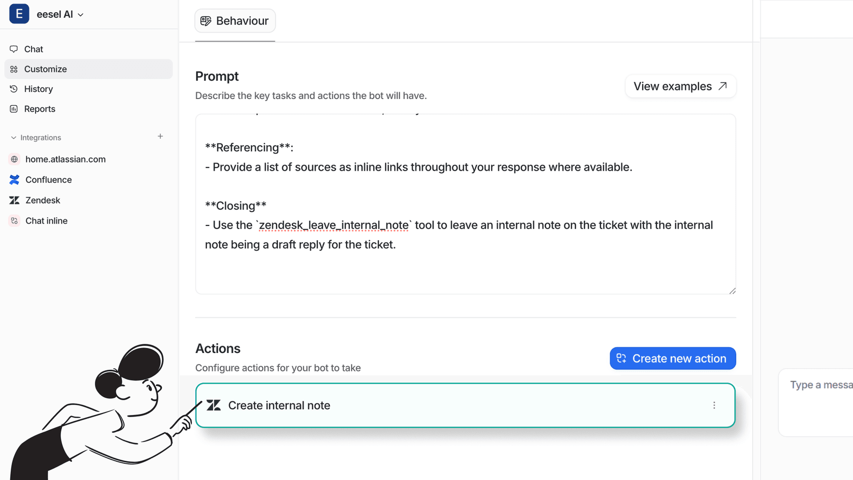 Screenshot of eesel AI's Customize page for the bot, highlighting the actions you can take with the "Create internal note" action for Zendesk showing