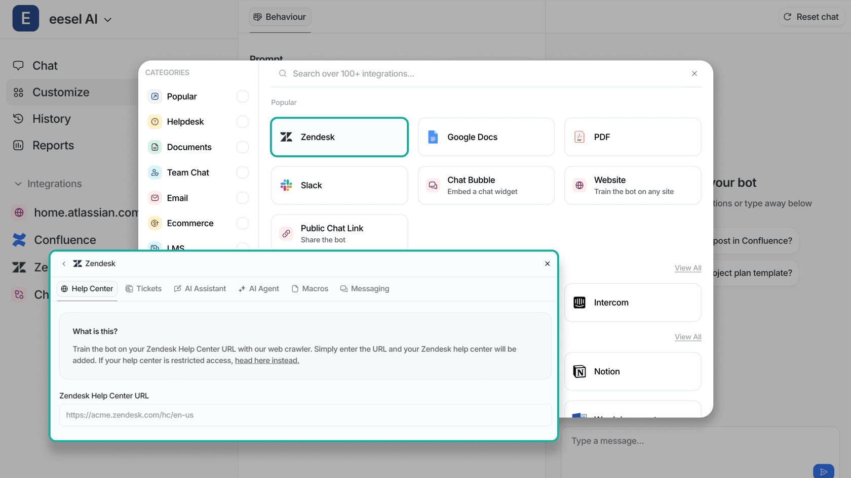 Screenshot of eesel AI's implementation page, specifically highlightng Zendesk and the different integration options