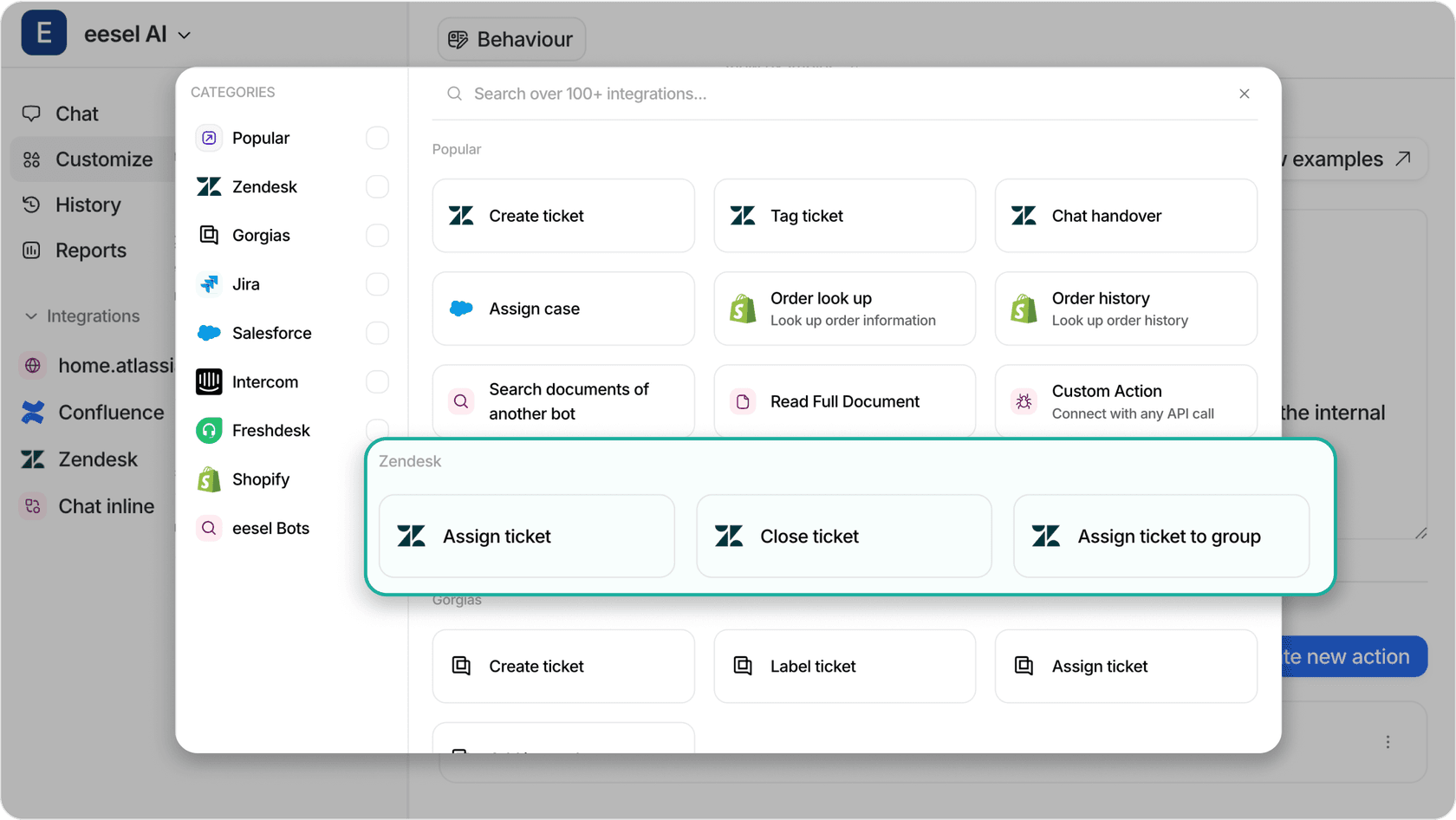 Screenshot of eesel AI's integration page highlighting some of the Zendesk integration options