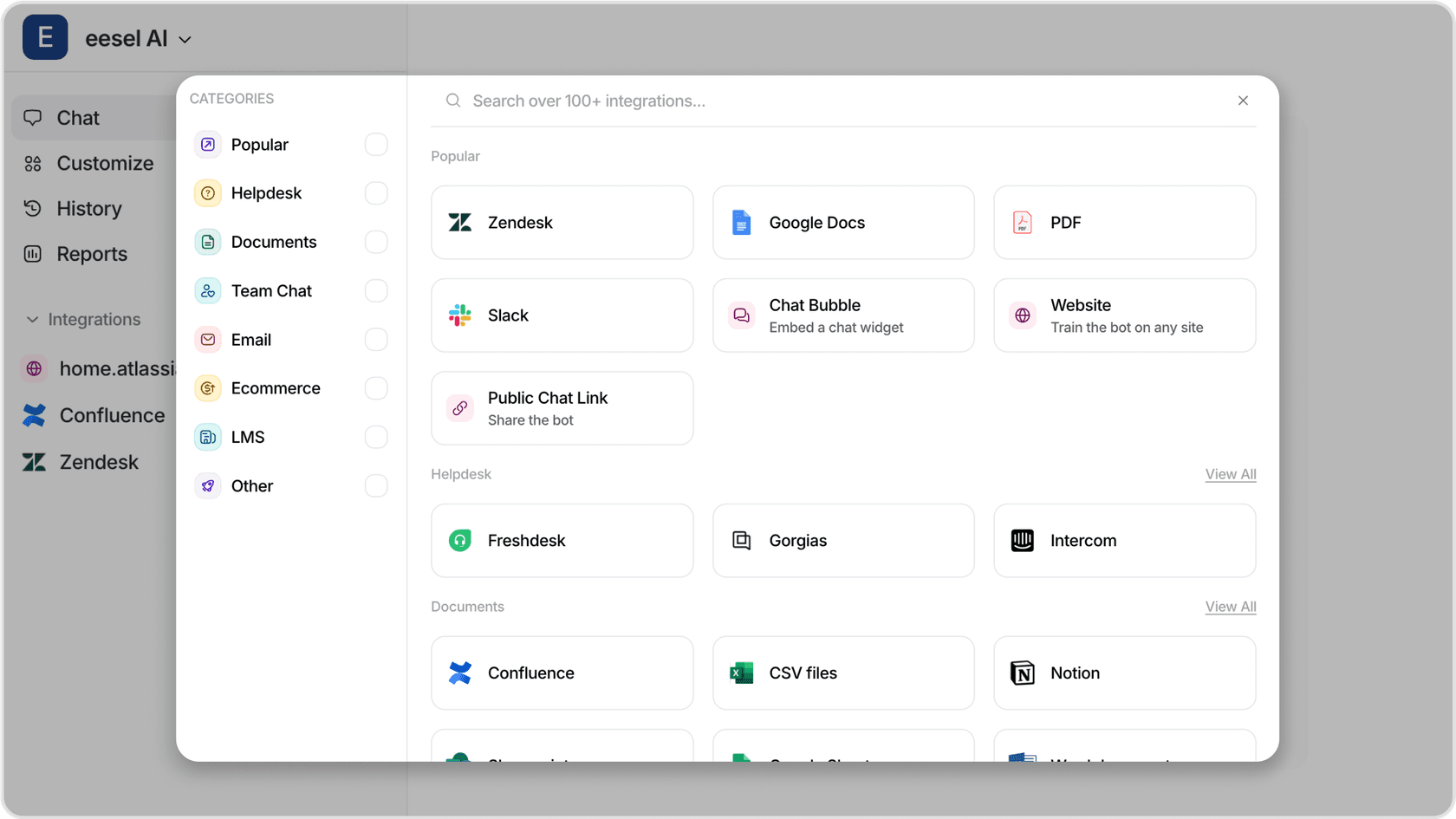 A screenshot of eesel AI's integration pop up showing all the different popular integrations including Google Docs