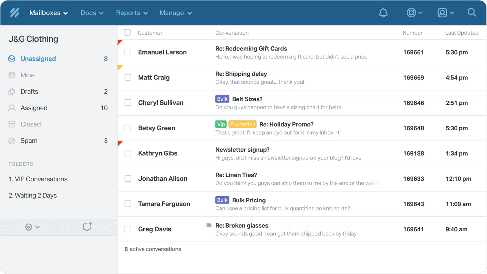 Screenshot of Helpscout unassigned inbox dashboard.