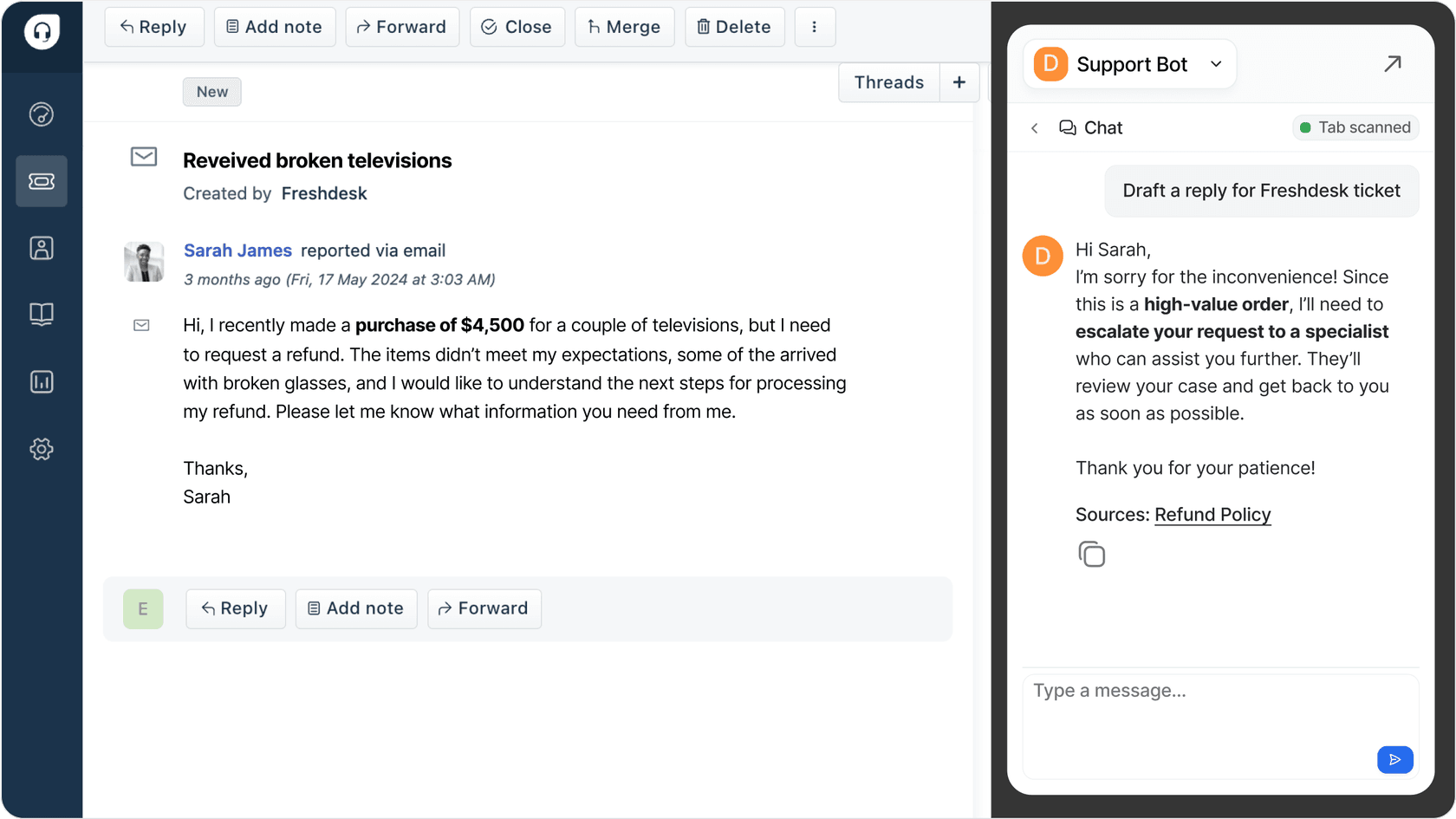 Screenshot of an eesel AI chatbot escalating a complex query, due to the large monetary value attached to the request.