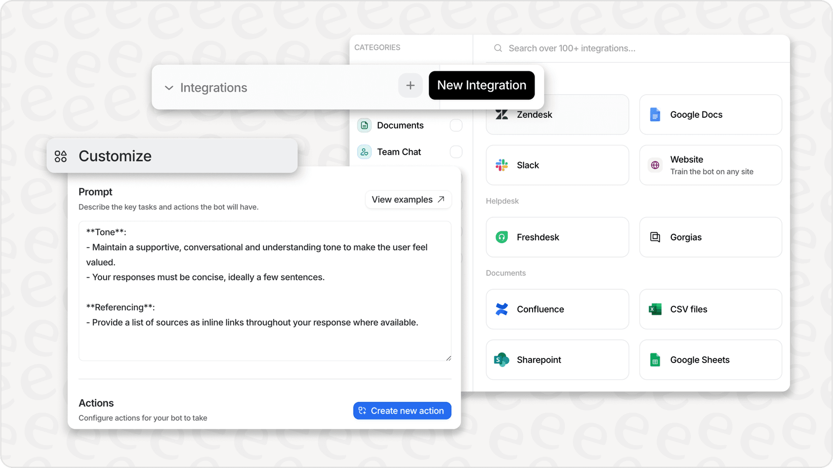 eesel AI's AI bot customization interface showing tone, referencing settings, and integration options like Zendesk, Slack, Freshdesk, and Google Docs. 'New Integration' button is highlighted.