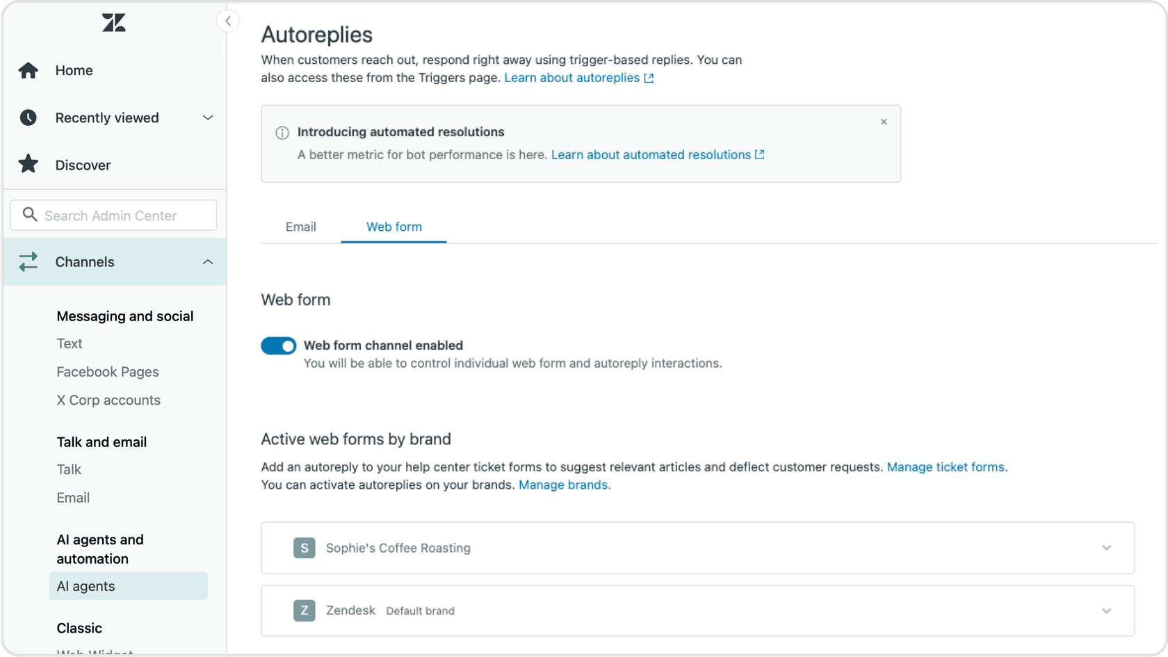 A screenshot of the web form configuration page with different settings and active web forms by brand.