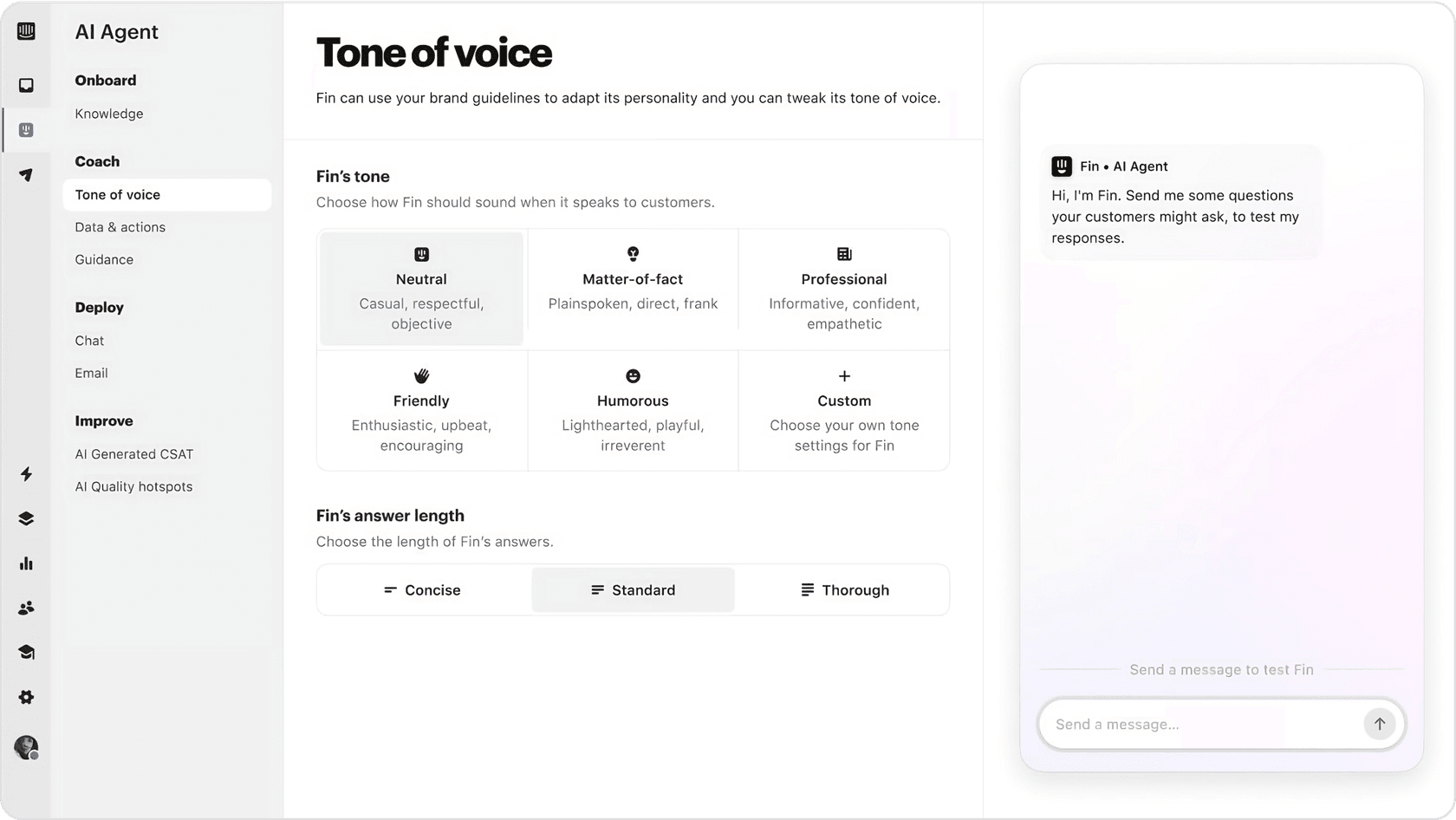 A screenhot of Intercom's Fin AI agents customization options which includes tone and answer length.