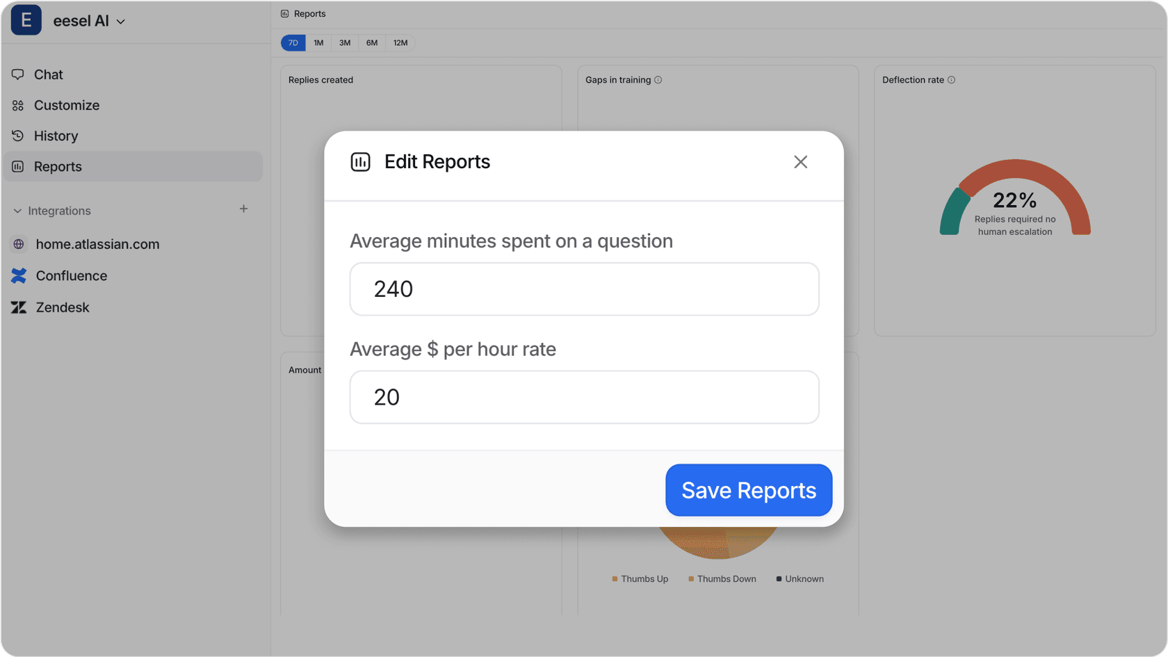 A screenshot of the reports page in the eesel AI dashboard, specifically the edit reports option for the ROI calculator.