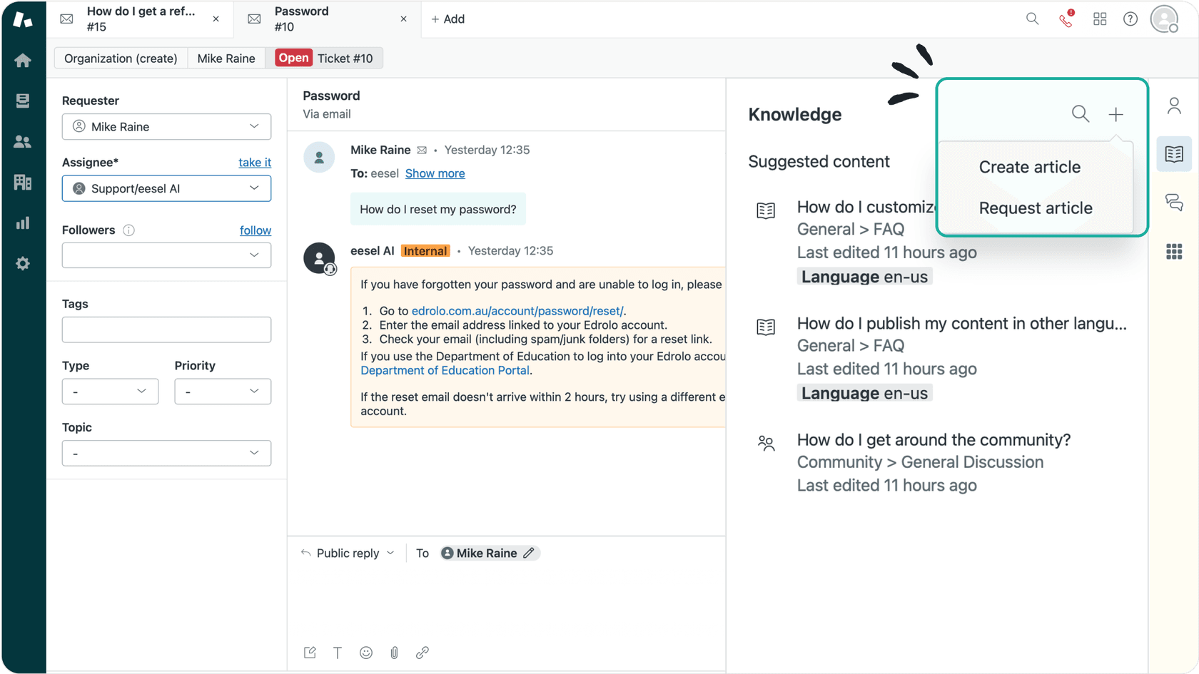 A screenshot of the Zendesk dashboard with the knowledge base opened, and the create an article button is highlighted