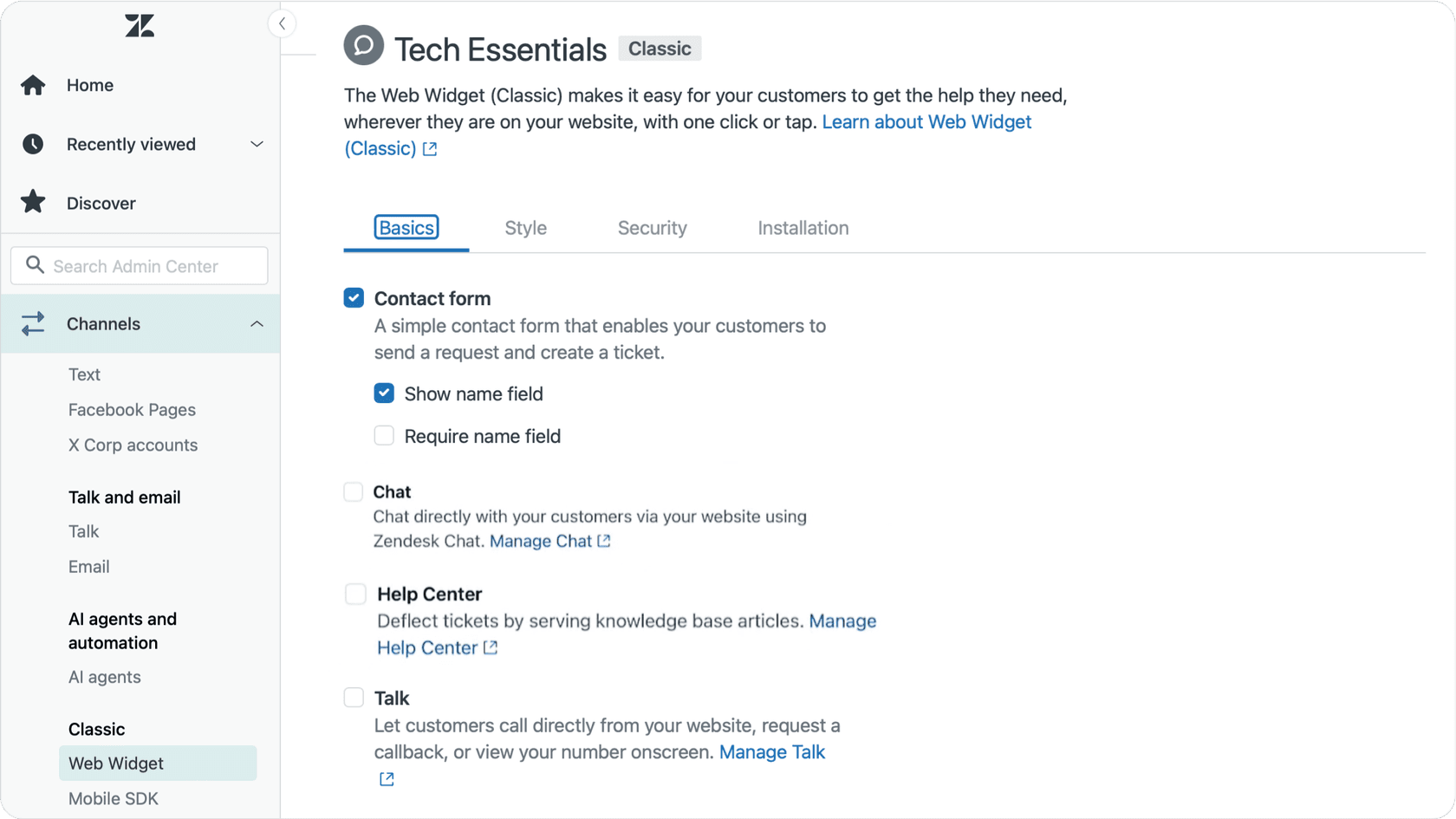 Screenshot of Zendesk's Help Center configuration panel for the classic web widget