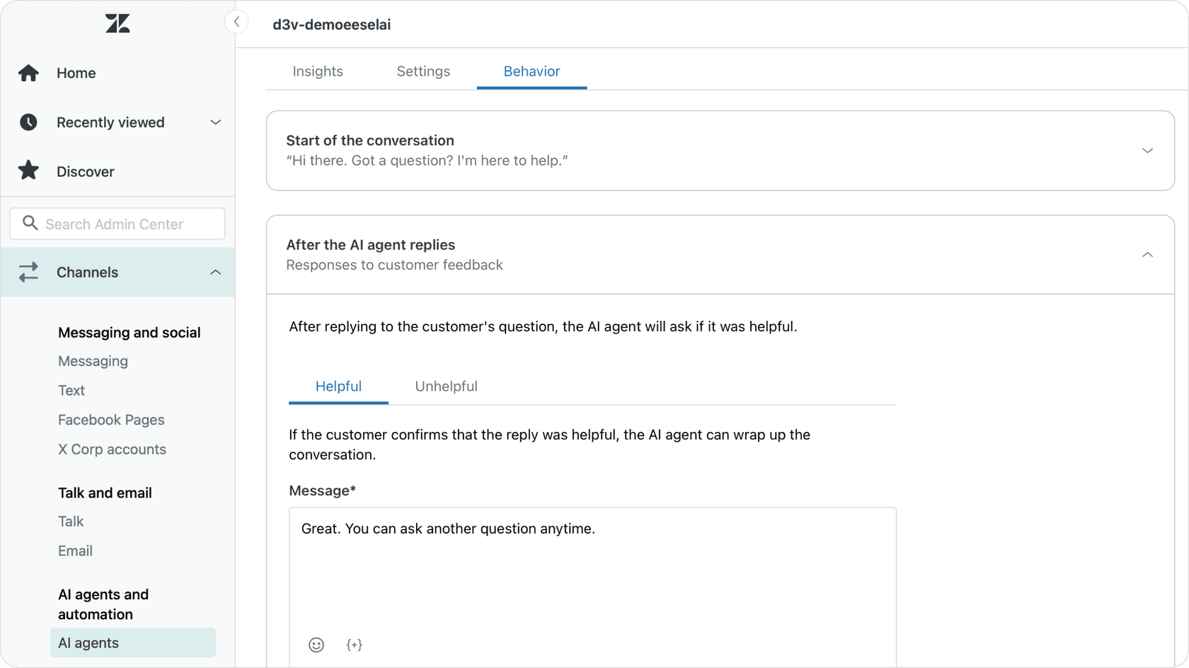 A screenshot of Zendesk's AI agent interface showing the conversation flow