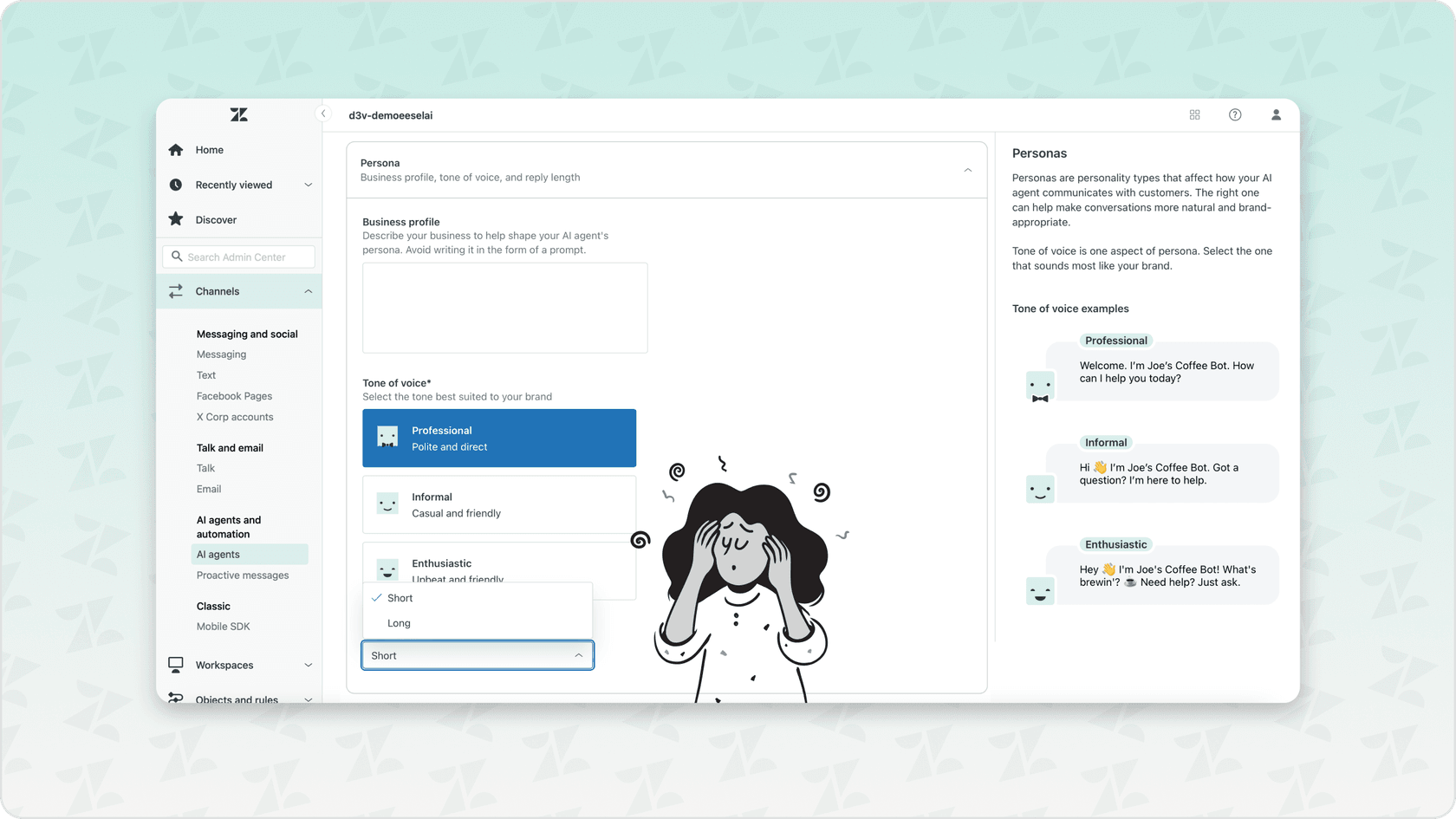 A screenshot of Zendesk's AI agent configuration page, highlighting the limited options that it has for customization